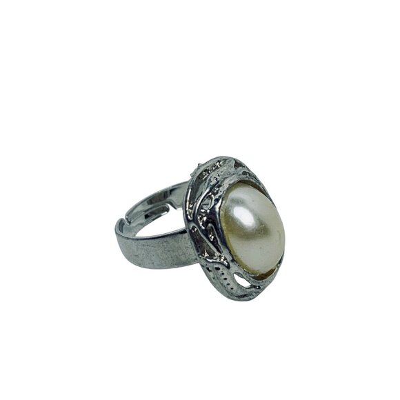 Silver Tone & Faux Pearl Statement Adjustable Ring (R431) - Picture 5 of 7